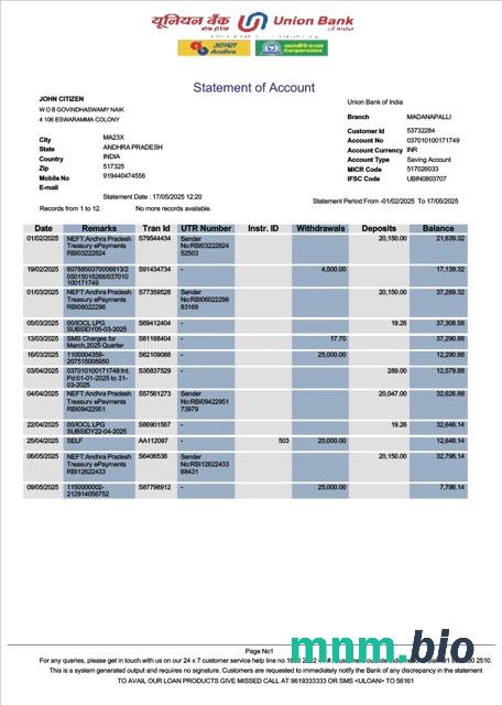 Szablon wyciągu bankowego India UCO w programie Word i PDF